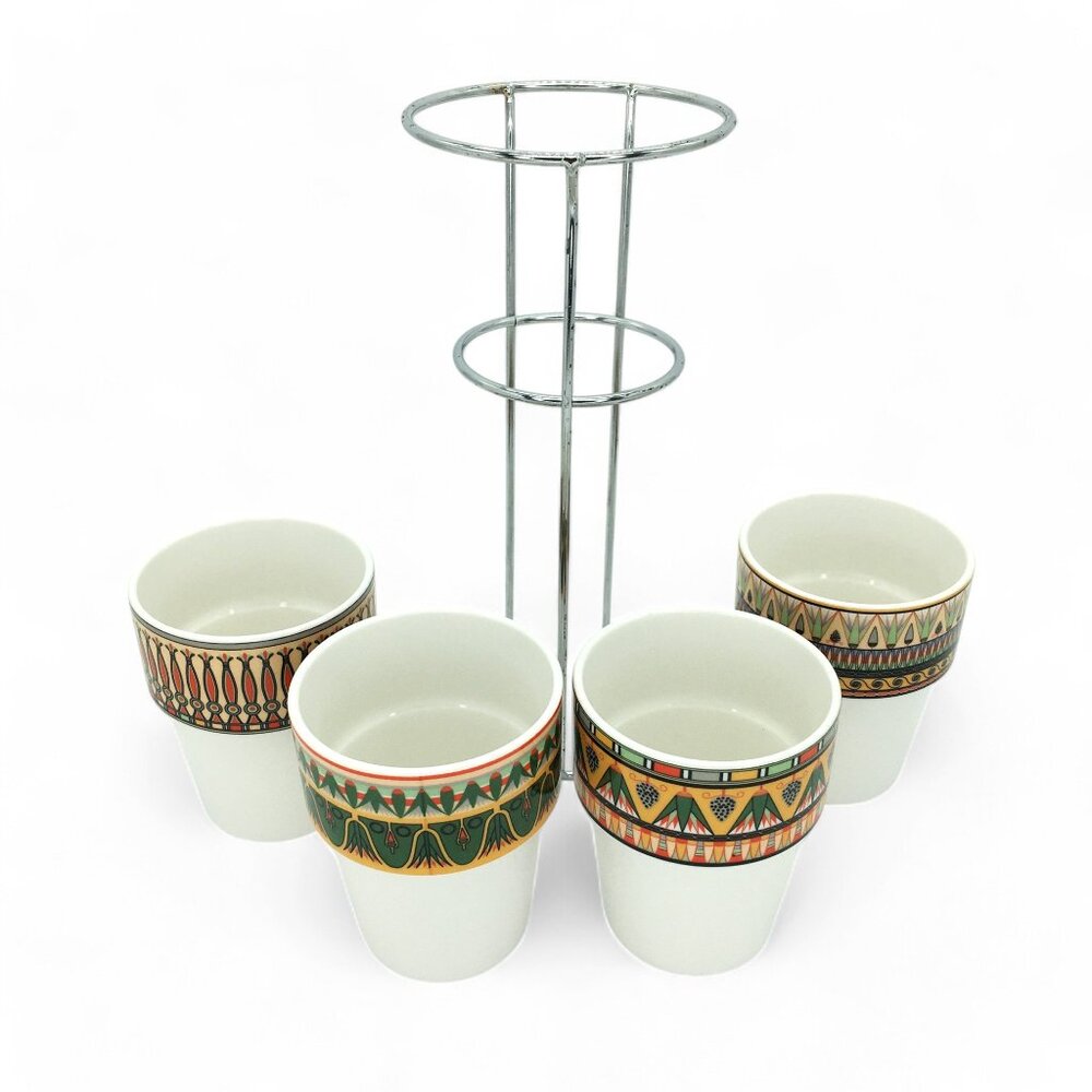 King Tut Exhibition Egyptian Stackable Coffee Cups & Rack Set of 4